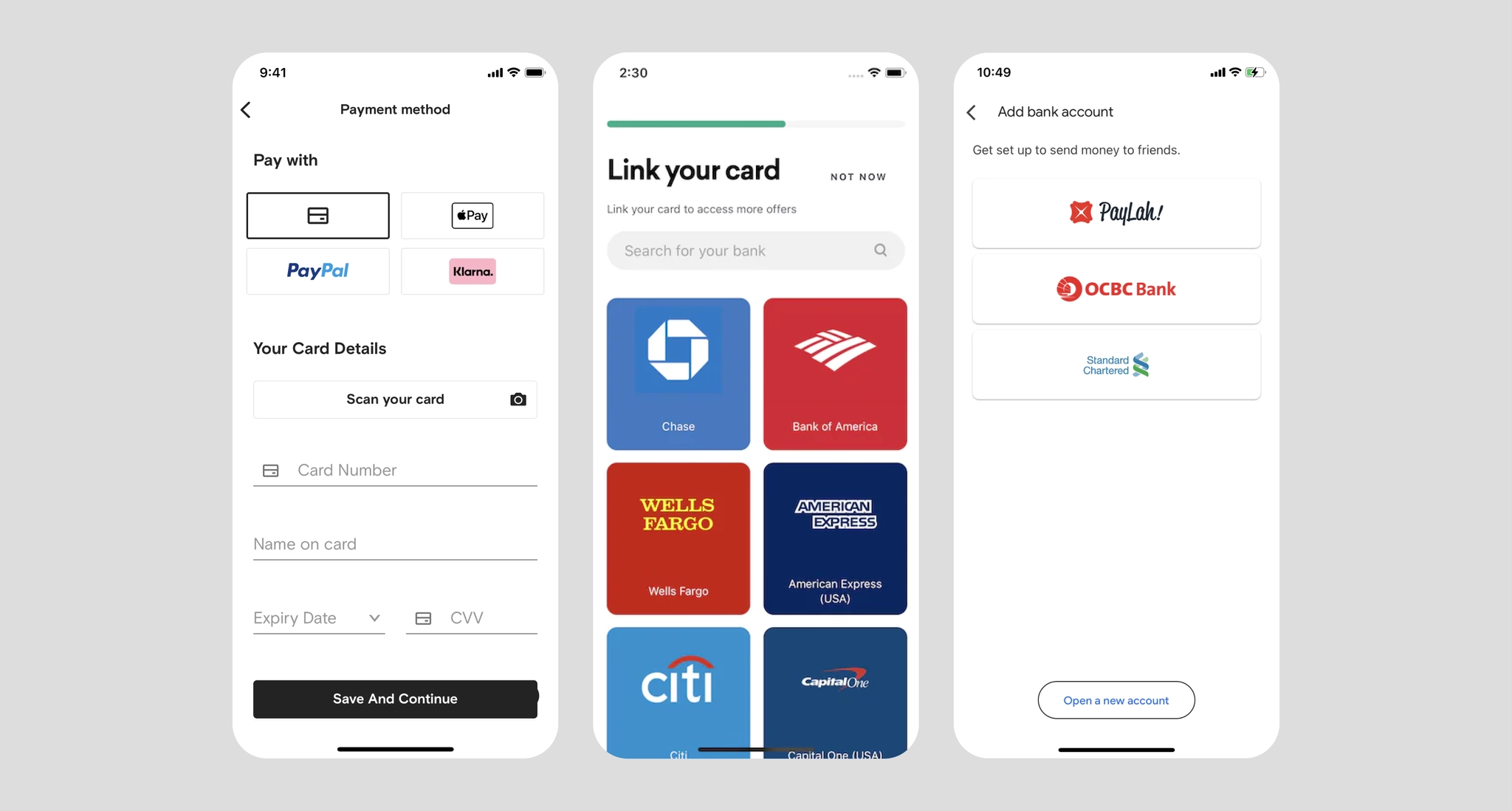 Farfetch, Drop, and Google Pay card selection pages